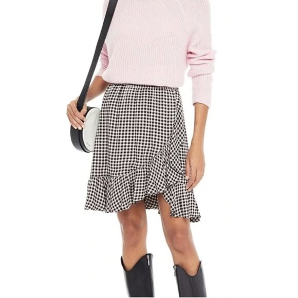 Ganni Dresses & Skirts - GANNI Gingham Crepe Ruffle Faux Wrap Mini Skirt Black White - Size 36 / US 4